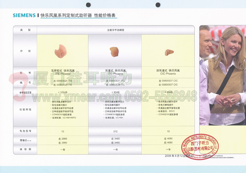 西门子快乐凤凰耳道式助听器价格表（二）