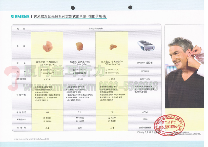 西门子艺术家双耳无线定制式助听器系列价格表