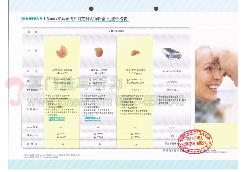 西门子Centra双耳无线定制式助听器价格表