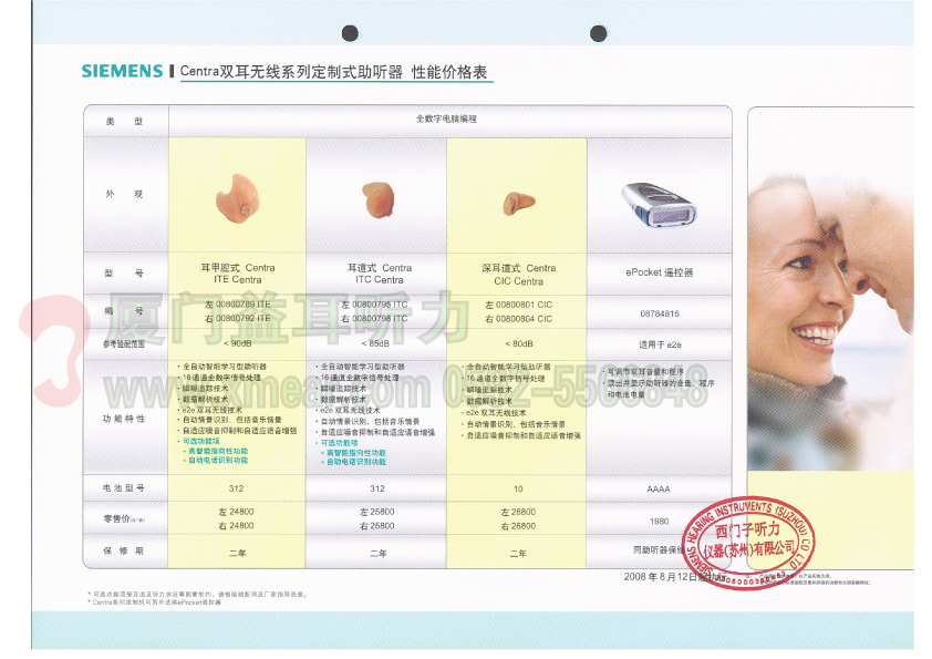 西门子Centra双耳无线定制式助听器价格表