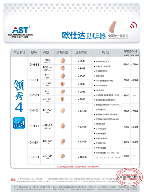 欧仕达领秀4系列耳道式助听器价格表