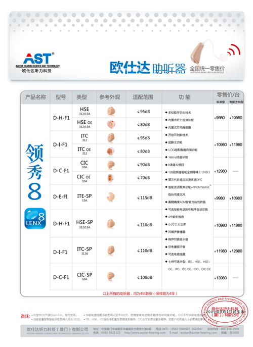 欧仕达领秀8系列耳道式助听器价格表