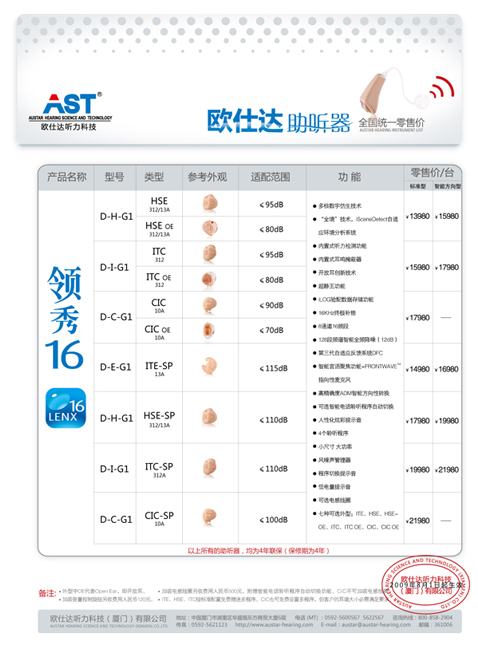 欧仕达领秀16系列耳道式助听器价格表