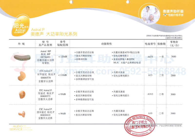 奥德声阳光ASTRA P 助听器价格表