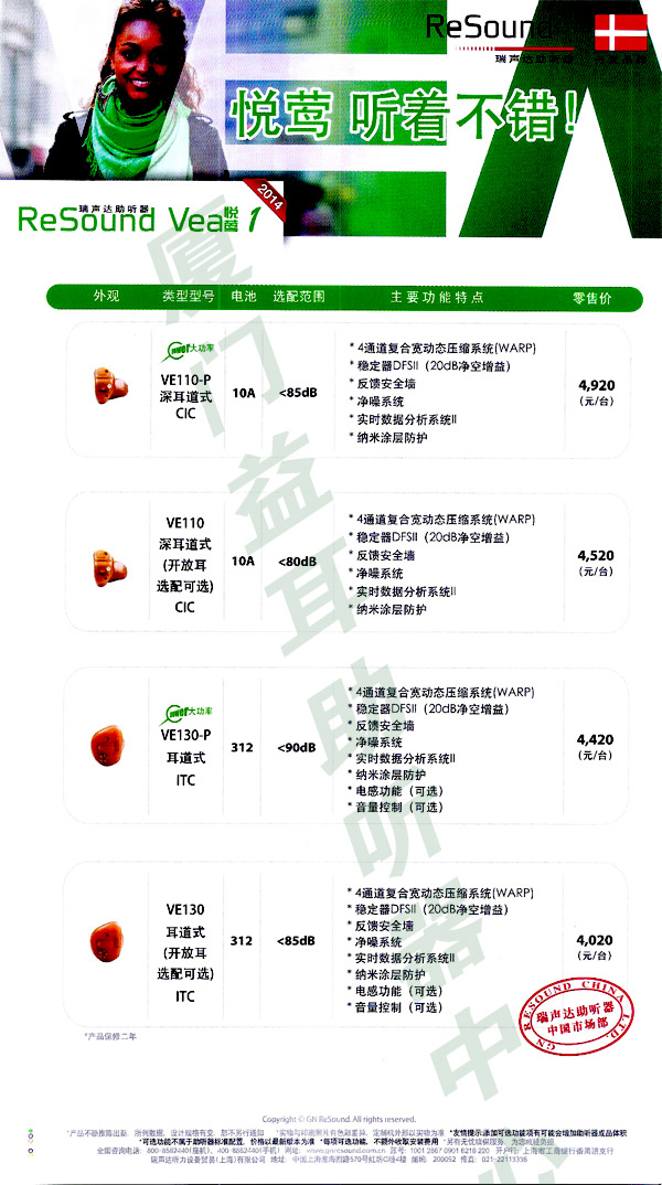 瑞声达助听器悦莺1系列价格表