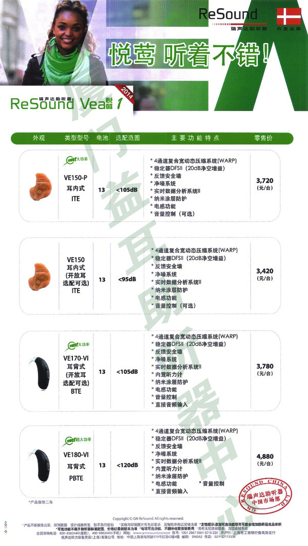 瑞声达助听器悦莺系列价格表