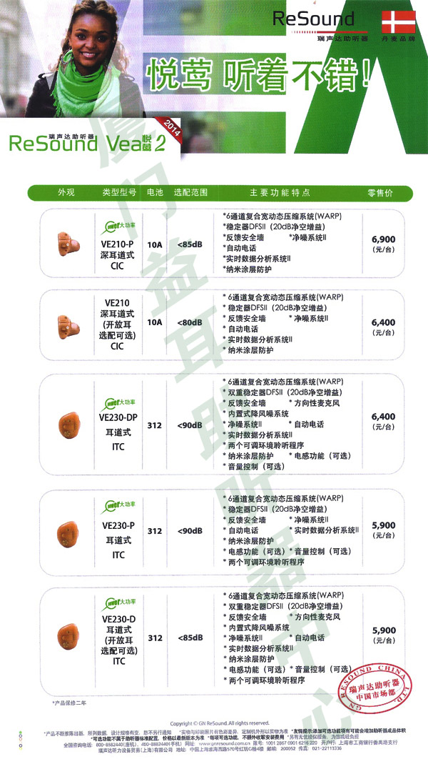 瑞声达助听器悦莺系列价格表 