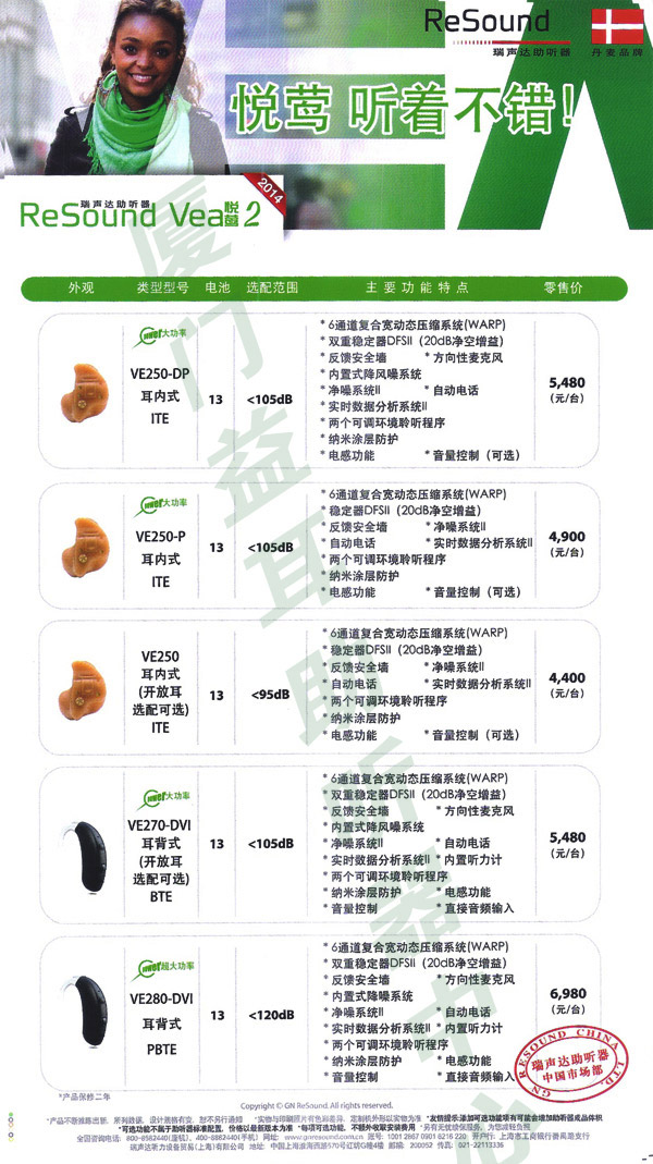 瑞声达助听器悦莺系列价格表