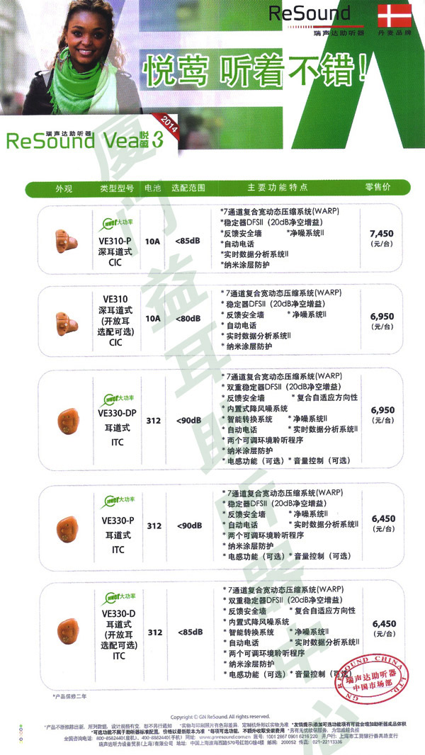 瑞声达助听器悦莺系列价格表 